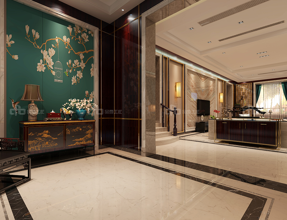 整木定制花鳥古韻新中式風(fēng)格，別墅全屋效果圖(圖1)